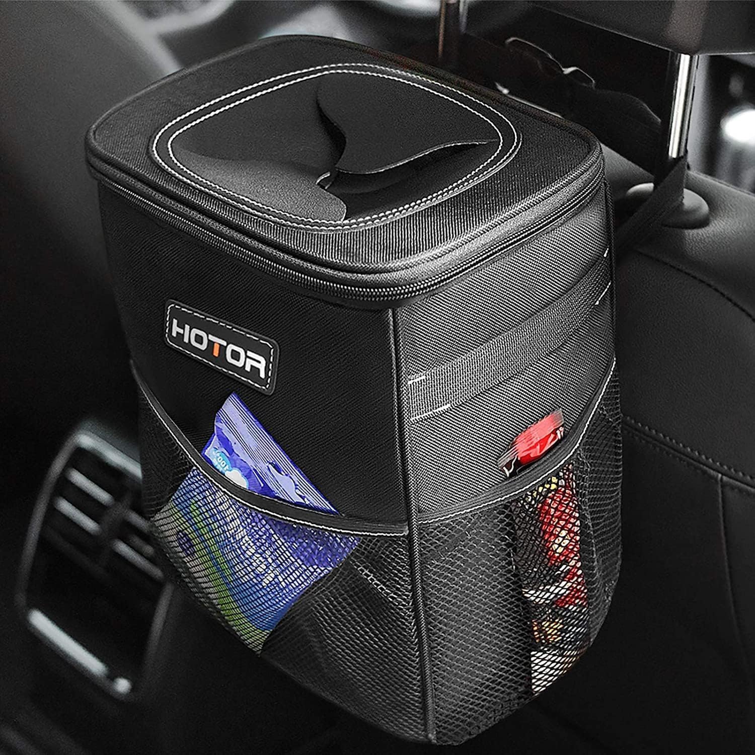 HOTOR black leakproof car trash can 2 gallon with magnetic lid