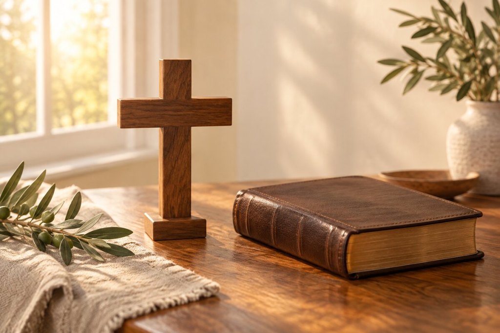 Illustrative scene of a wooden cross and closed leather Bible in warm window light.
