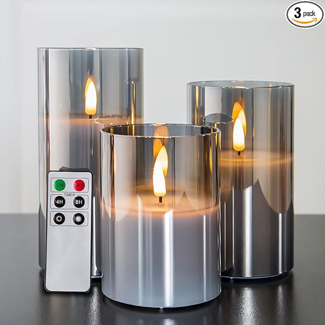 Eywamage Grey Glass Flameless Candles — Set of 3